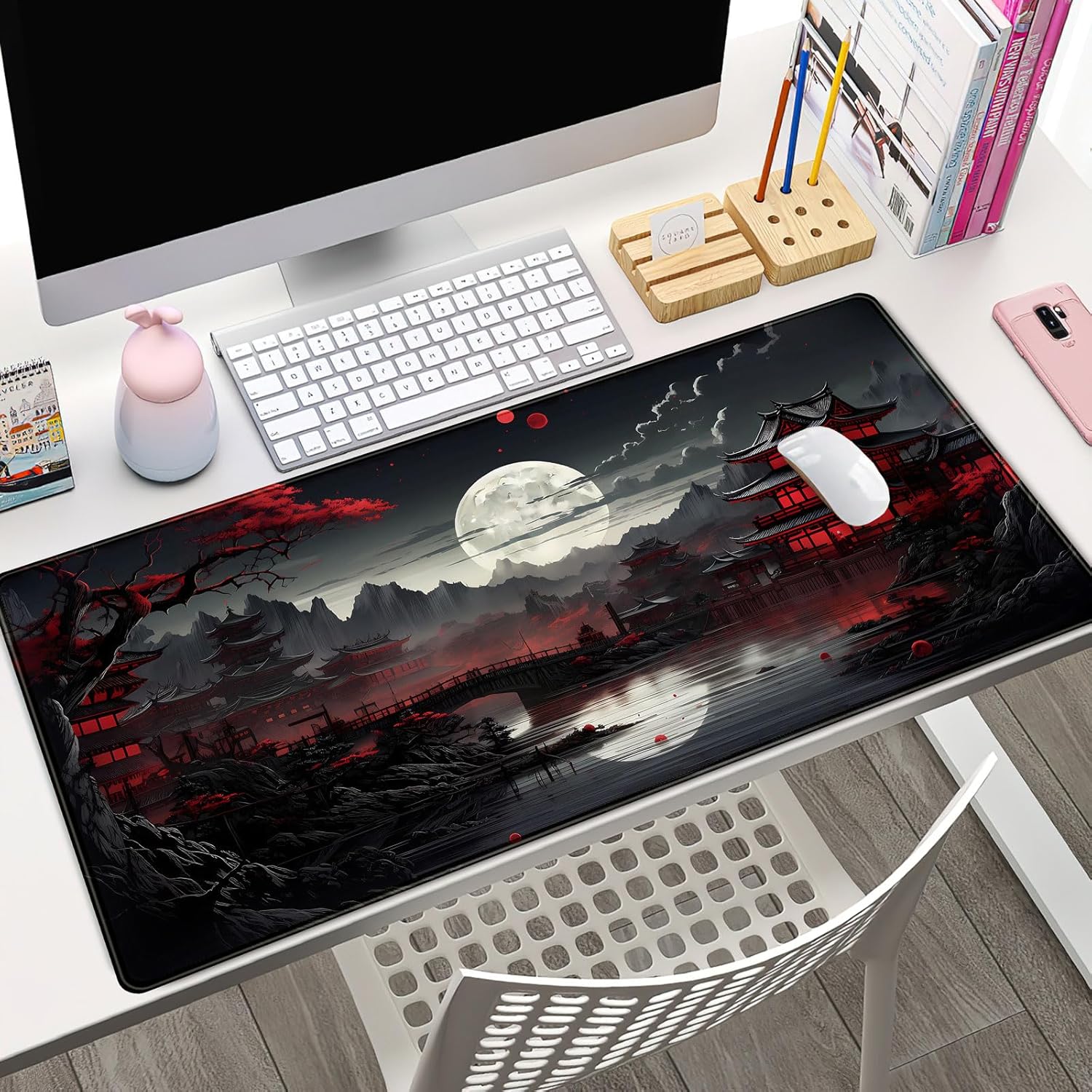 Gaming Keyboard And Mouse Pad - Japanese Desk Mat Riverside Full Moon